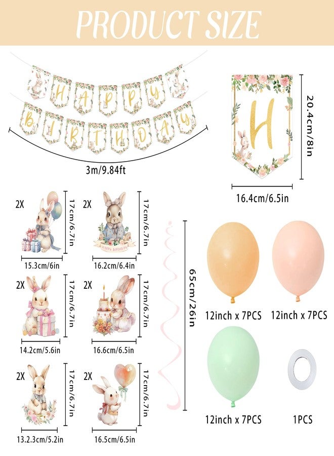 UNIIDECO Bunny Birthday Decorations Kit, 36PCS Easter Bunny Party Supplies with Happy Birthday Banner, Hanging Swirls Ceiling Decoration and Balloons for Girls Baby Shower Rabbit Themed Party - Image 2
